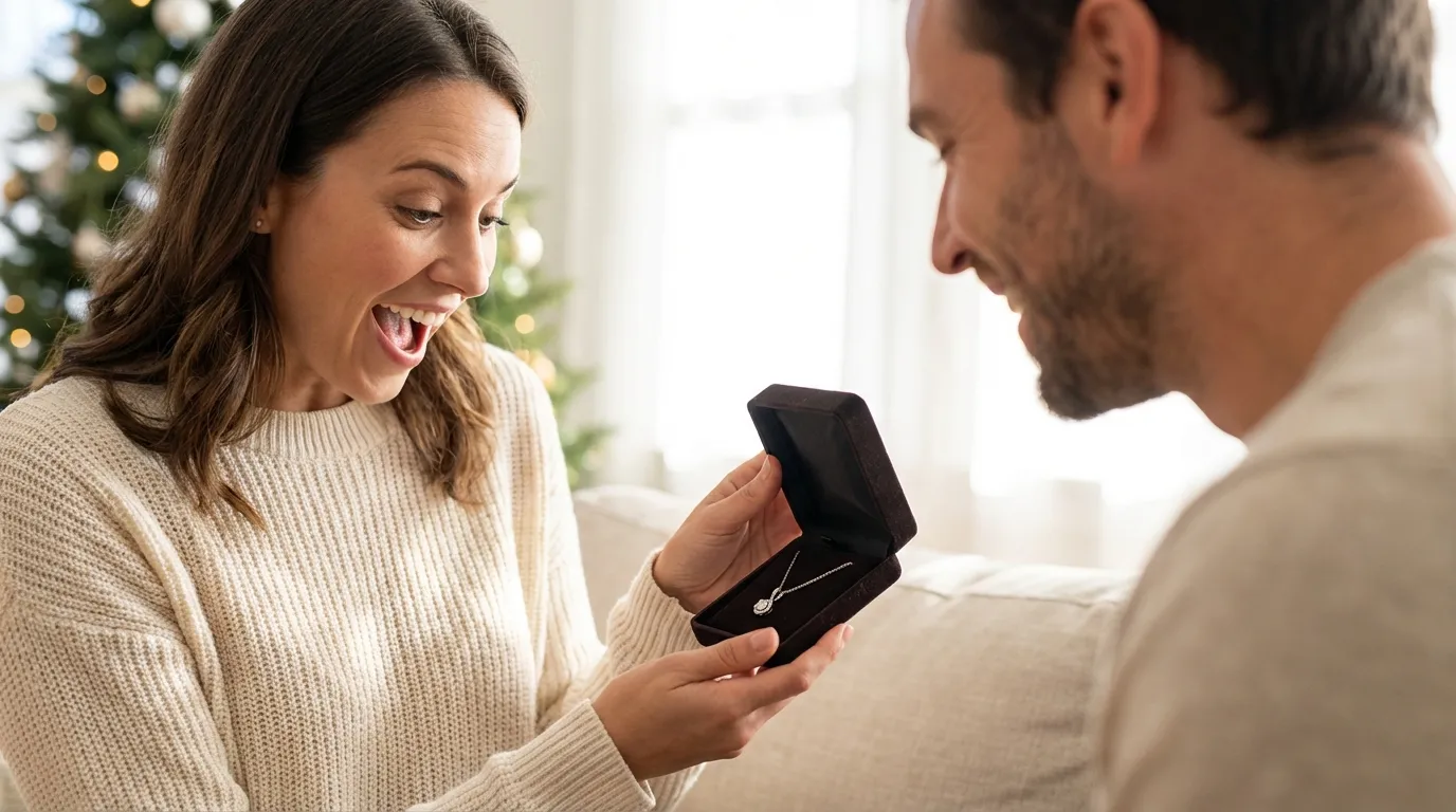 Woman opening a jewelry gift box with excitement