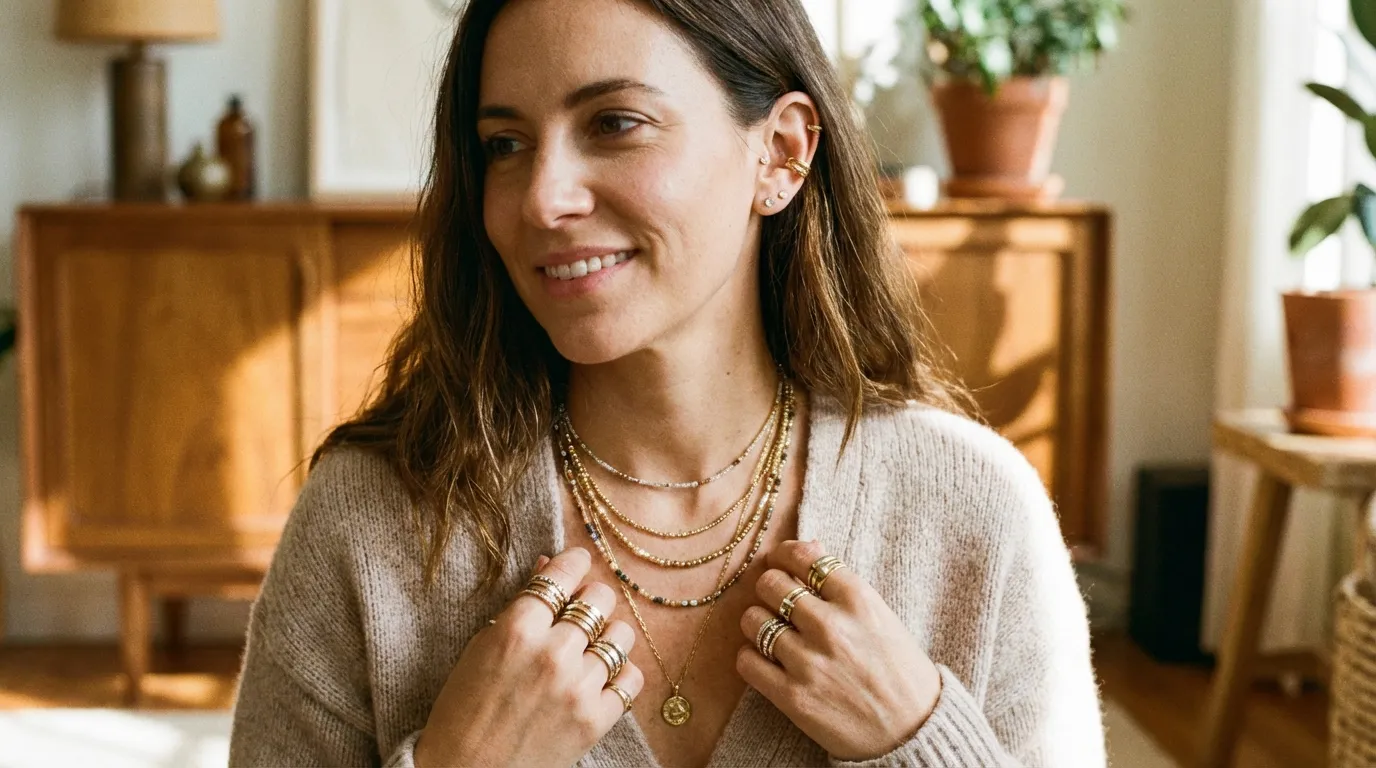 Luxurious flat lay of moissanite jewelry collection including rings, necklaces, and earrings
