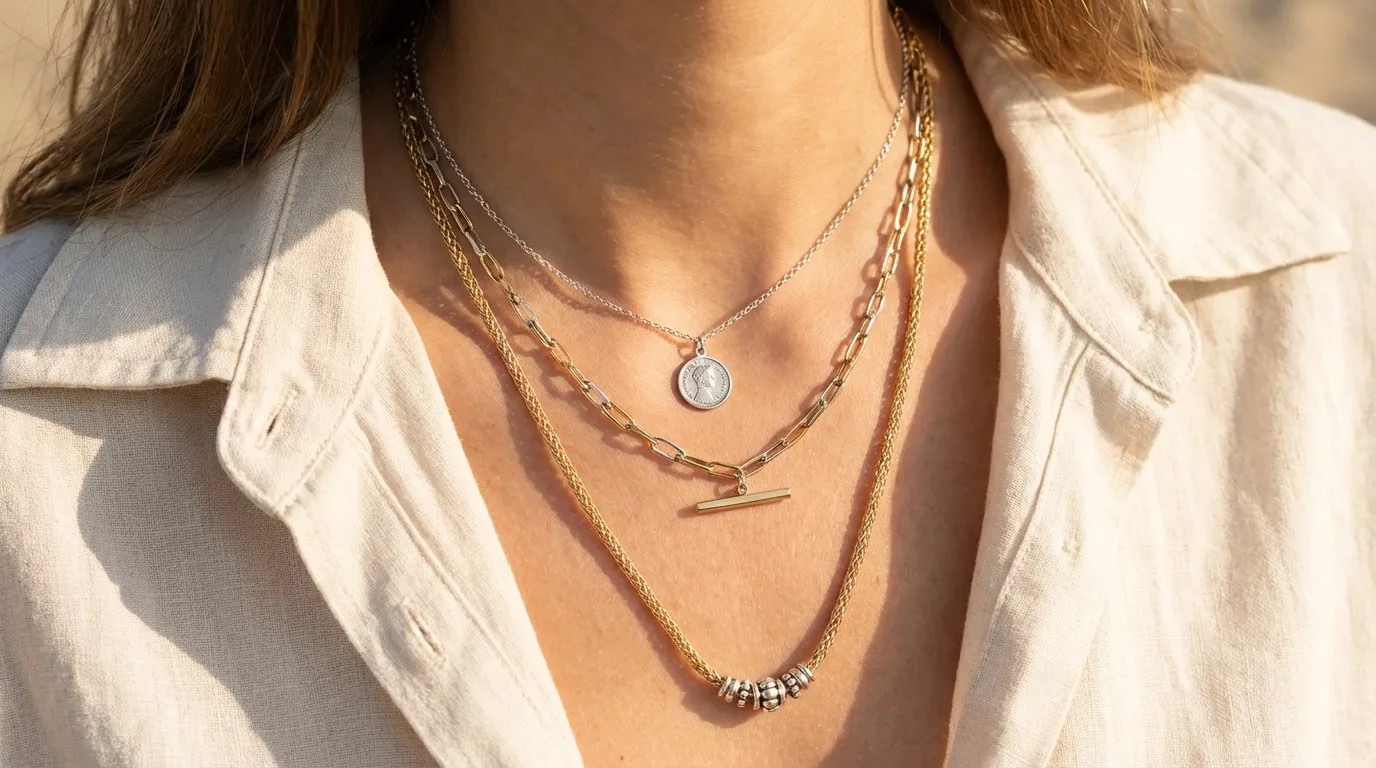 Layered necklaces of different lengths on woman's neck