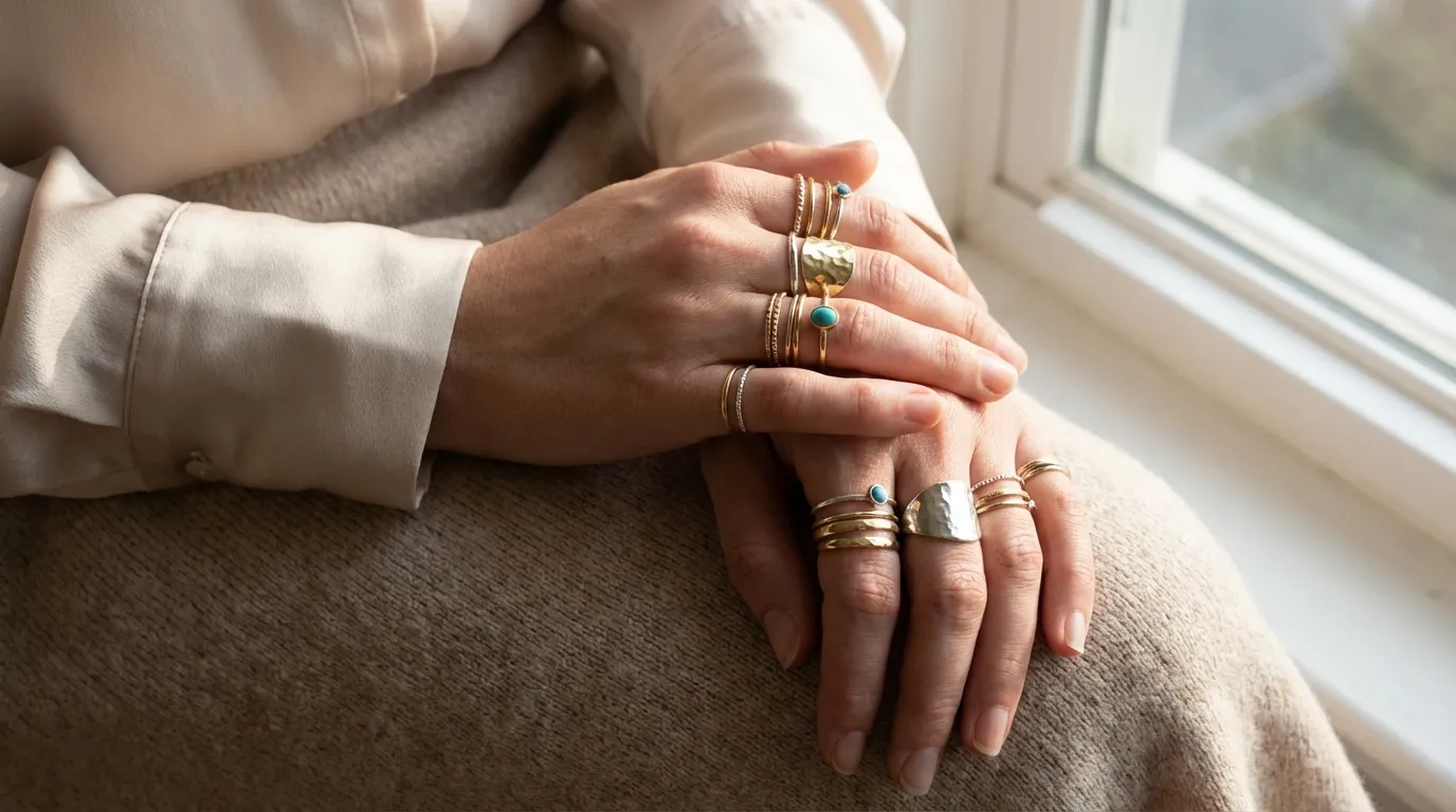 Stacked rings on woman's hands mixing thin bands and statement rings