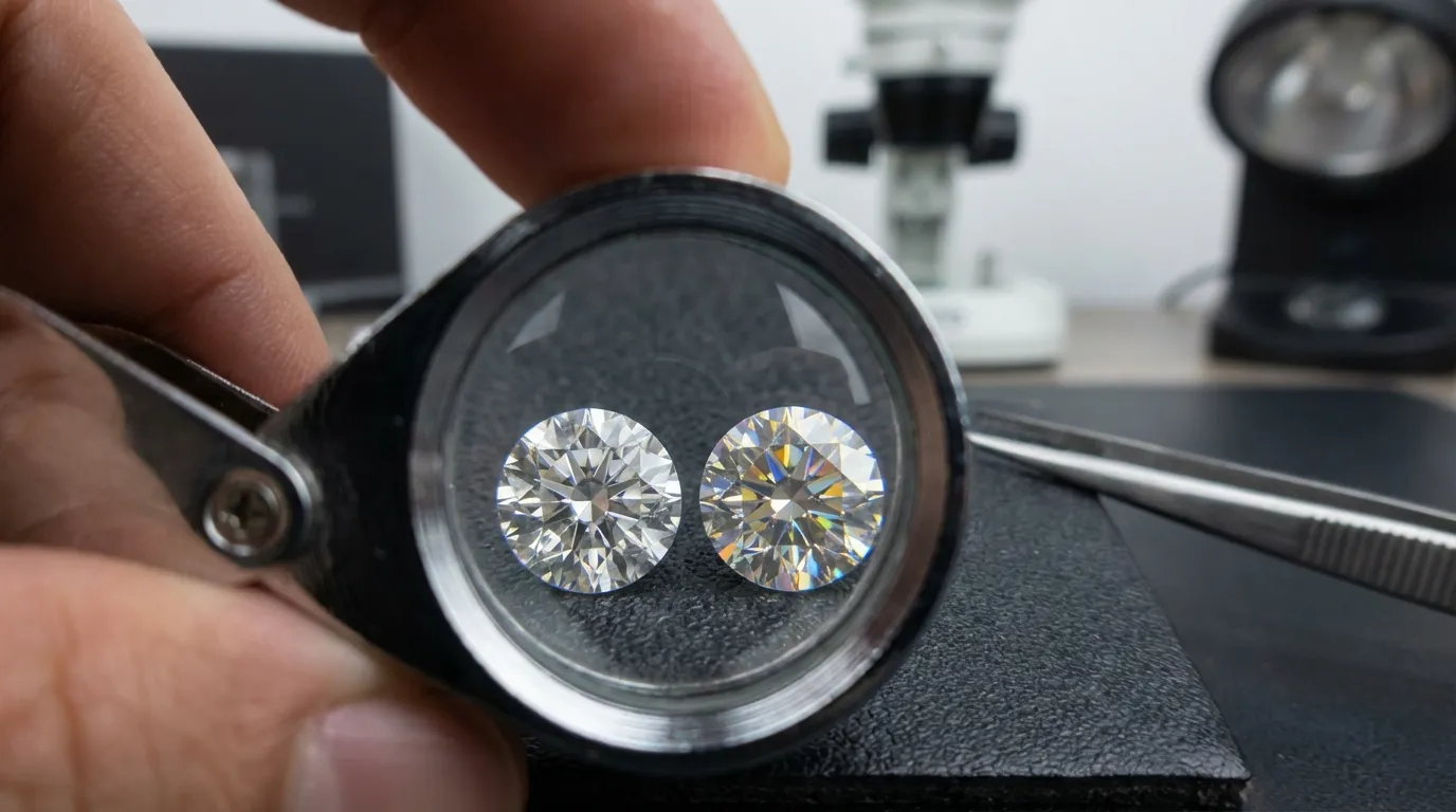 Moissanite and lab grown diamond side by side under jeweler's loupe