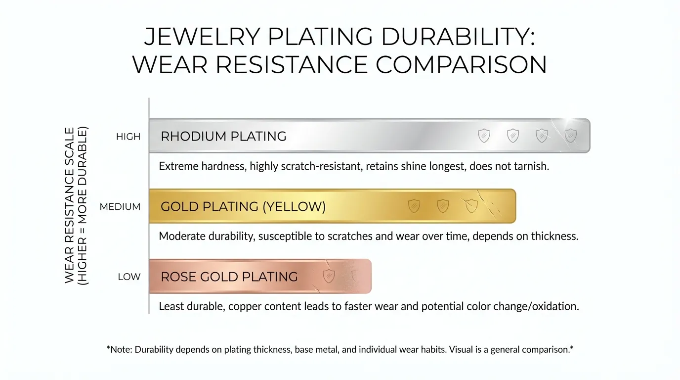 Rhodium, gold, and rose gold plating durability comparison visualization
