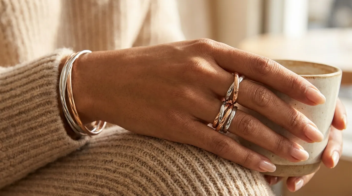 Rose gold and rhodium plated jewelry on hand — different metal finishes complementing skin tones