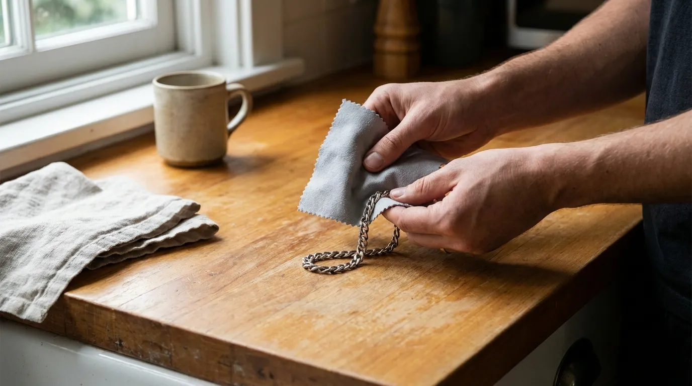 Hands cleaning a sterling silver bracelet with polishing cloth