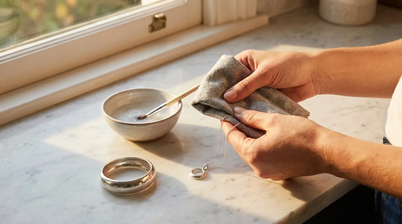Sterling silver jewelry care — necklace and bracelet being cleaned