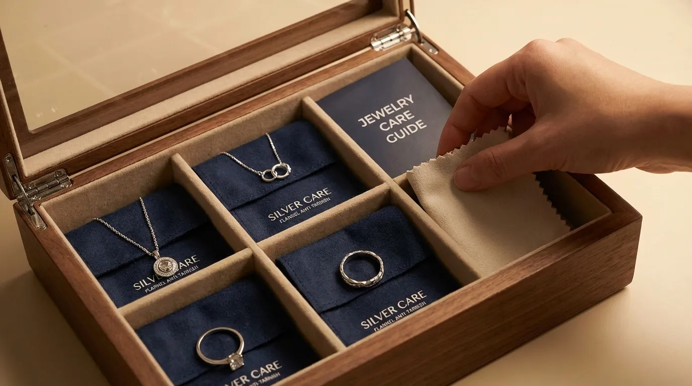 Sterling silver jewelry stored in anti-tarnish pouch
