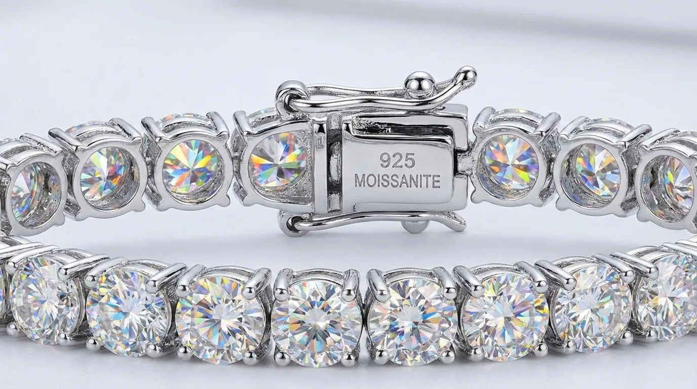 Close-up of moissanite tennis bracelet showing stones and clasp