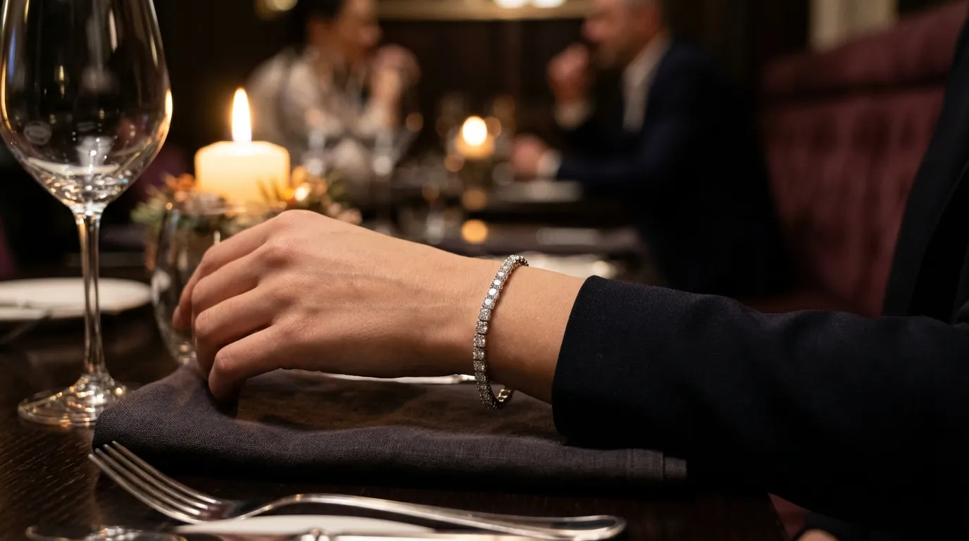 Woman wearing moissanite tennis bracelet at dinner
